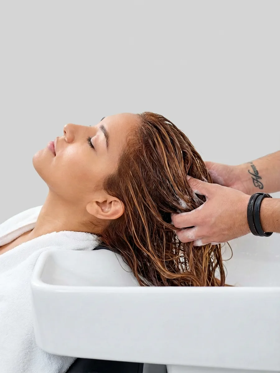Lavagem profissional de cabelo em salão com produtos D.Riely Hair